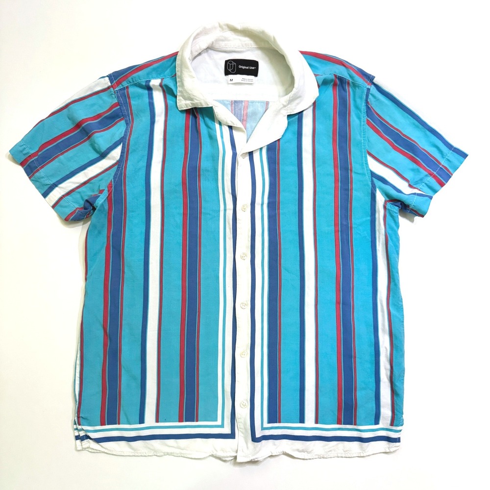 Original Use Button Down Mens Medium Teal Blue Striped Rayon Camp Collar Shirt